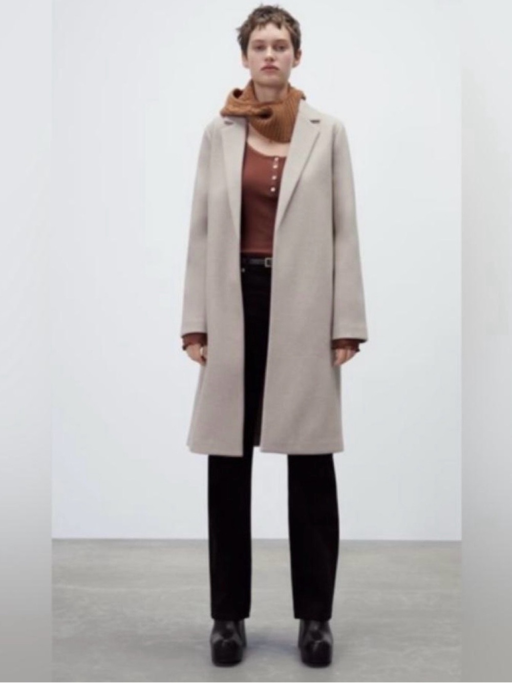Zara Soft Button Coat / Longline Felted Overcoat in an oatmeal beige/ivory